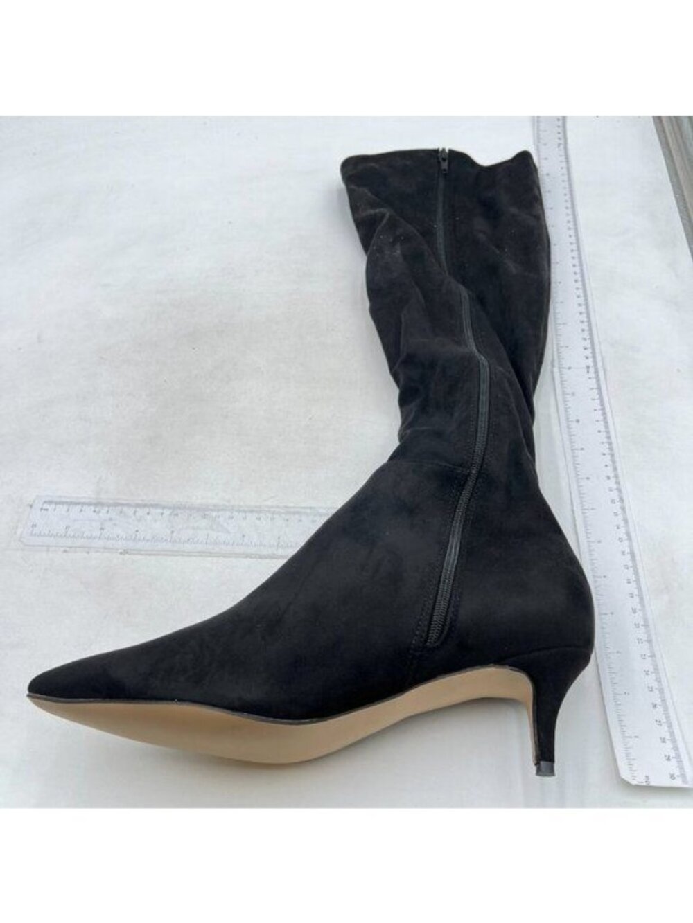 Knee High Boots for Women Black Boots Pointy Toe Kitten Heels Suede Black Boots